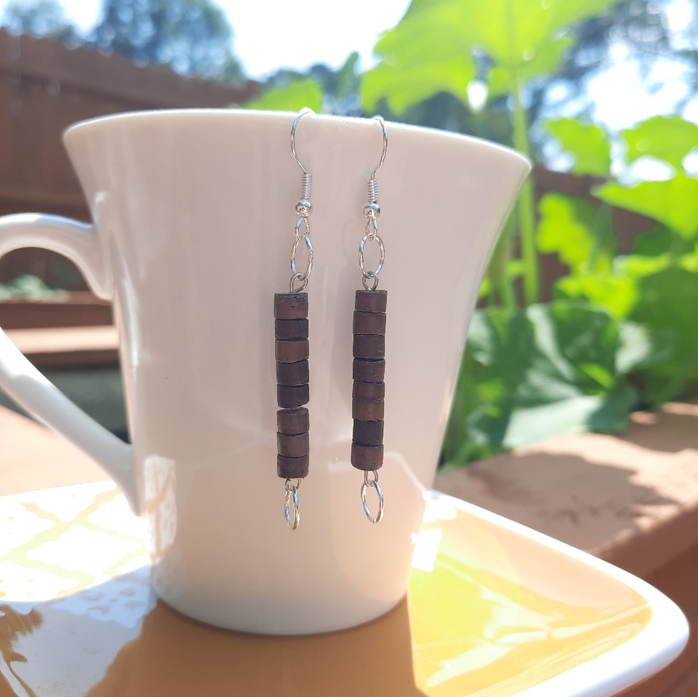 Brown Wood Bead & Circle Dangle Earrings